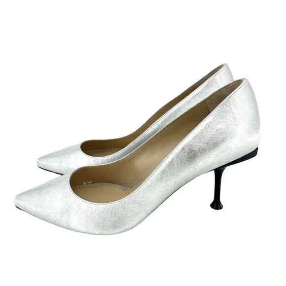 Sergio Rossi Pumps Silver Metallic Patent Leather Pointed Toe 37.5 New $528 - Picture 1 of 11